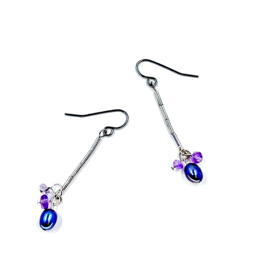 NWT - Napier - Elegant Amethyst Chip & Pearl Silver Tone Drop Fishhook Earrings